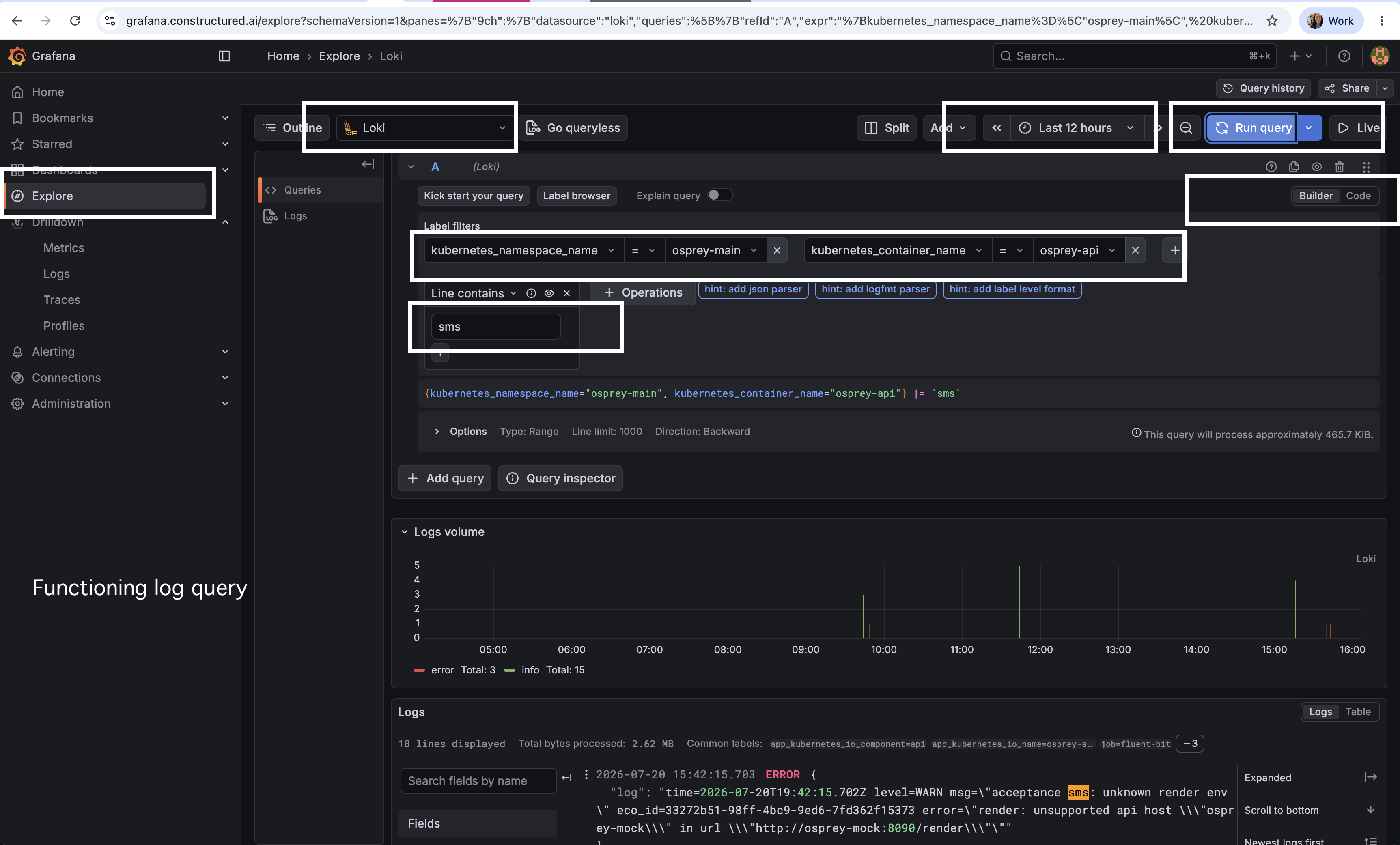 Grafana Explore view showing a Loki log query filtered to namespace osprey-main, container osprey-api, and a line contains search for sms, with the time range and Run query controls highlighted