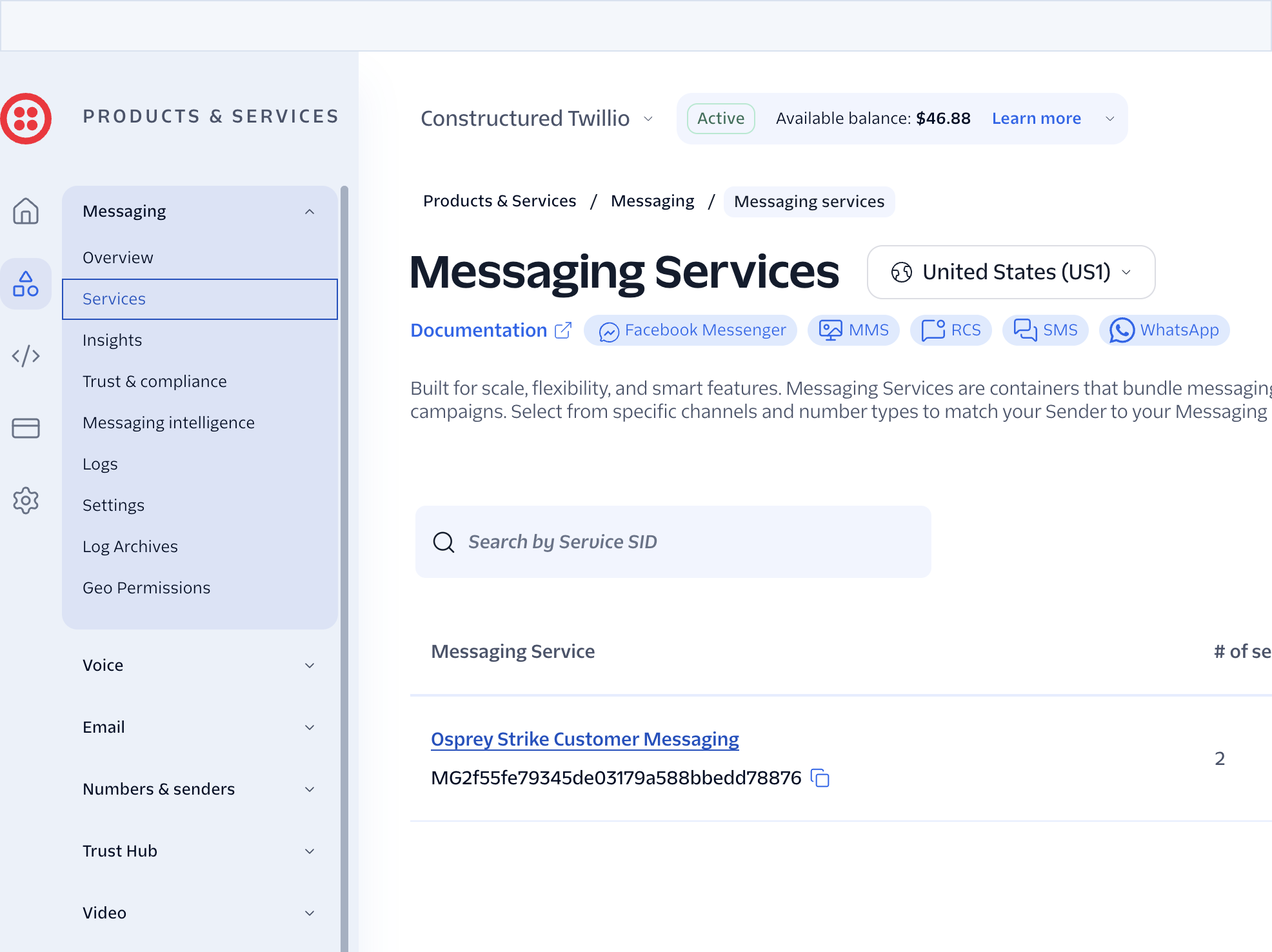 Twilio Console Messaging Services page with the Osprey Strike Customer Messaging service listed