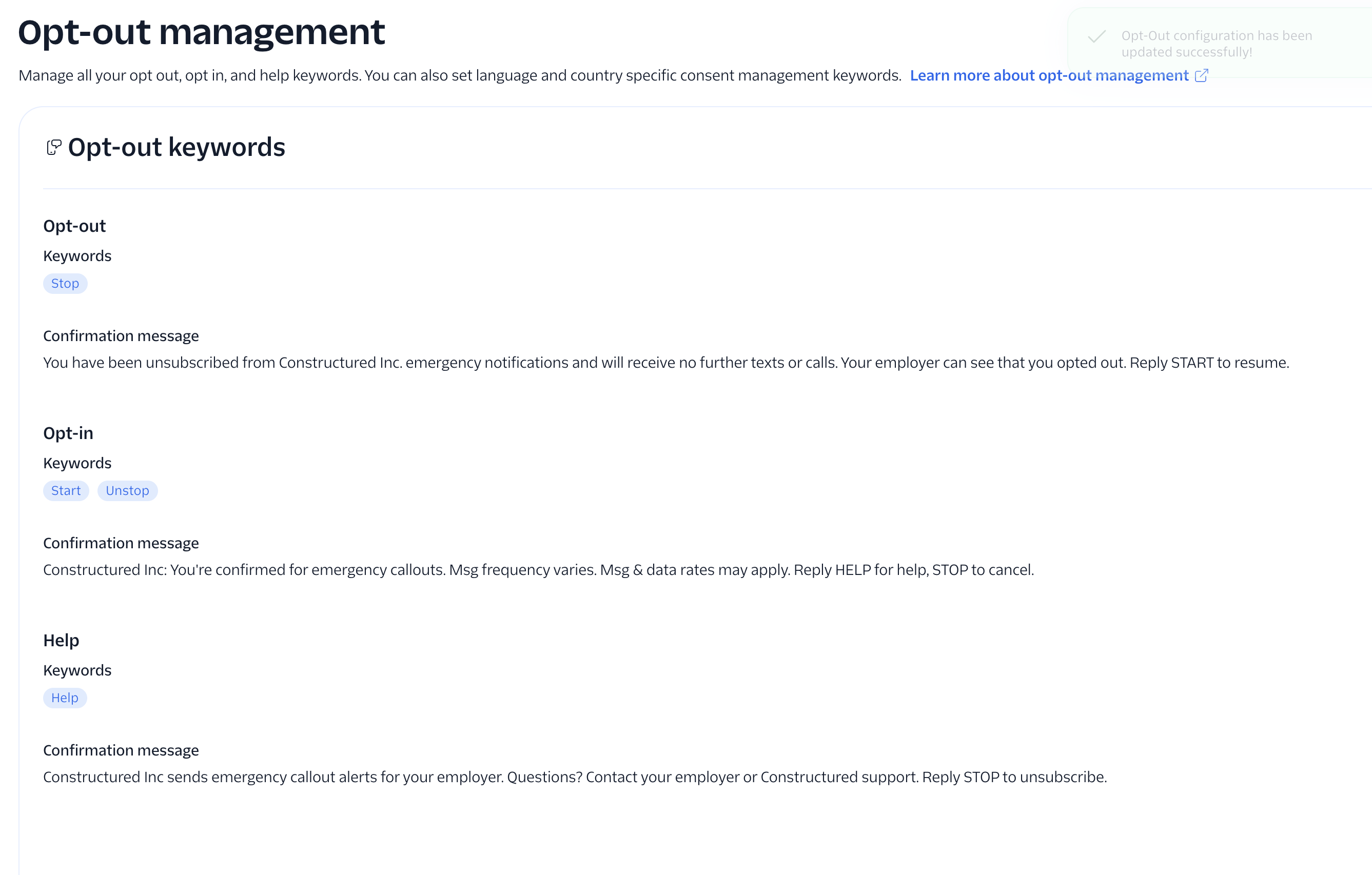 Twilio Console Opt-out management page showing STOP opt-out, START and UNSTOP opt-in, and HELP keyword confirmation messages for Constructured Inc emergency notifications