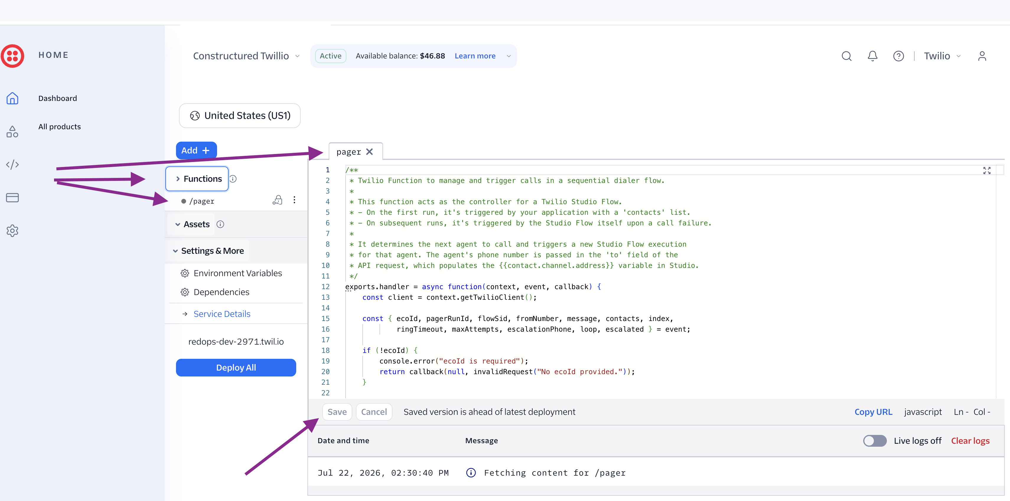 Twilio Console Function editor with the Functions section expanded, the /pager Function selected, and the Save and Deploy All controls visible