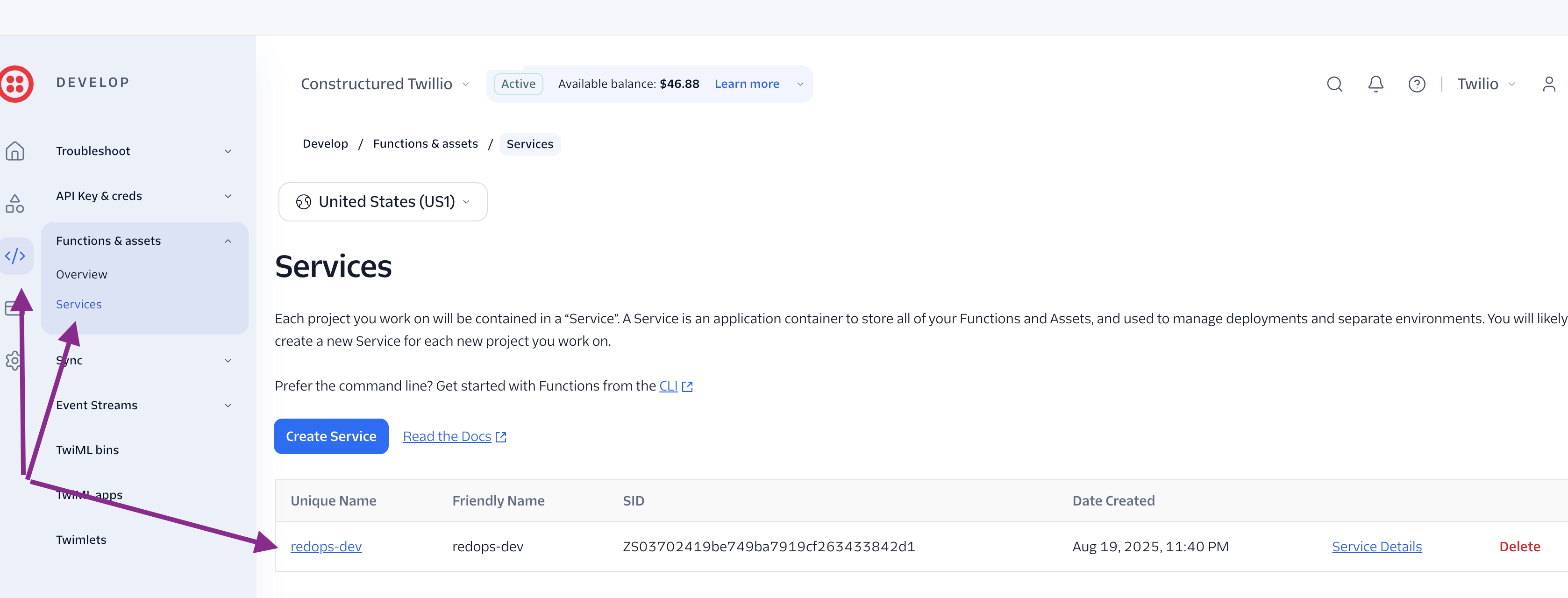 Twilio Console Services page with Functions and assets, Services selected, and the redops-dev service row highlighted
