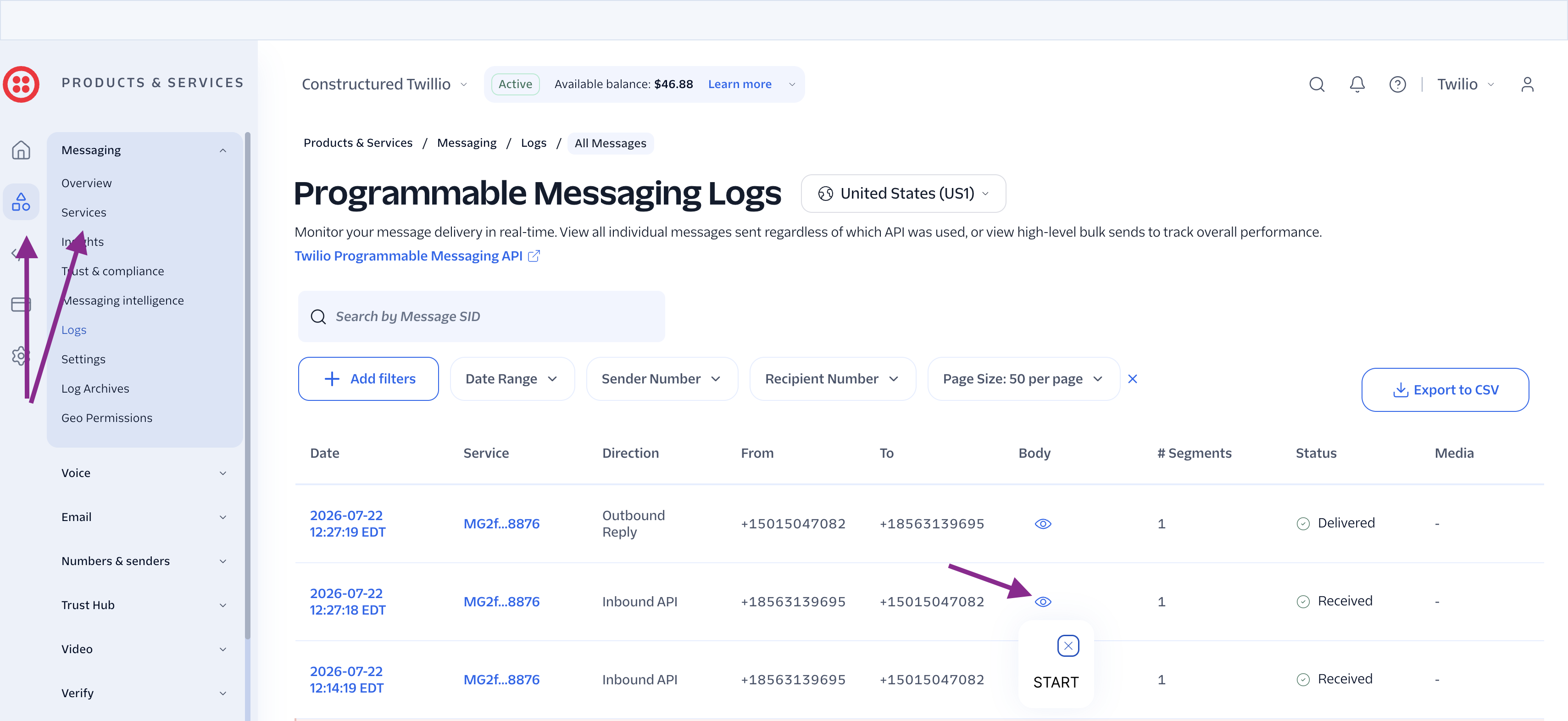 Twilio Console Messages log with Messaging, Logs, and Messages selected and a table of SMS records